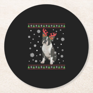 Womens Boston Terrier Xmas Ugly Christmas Sweater Round Paper Coaster