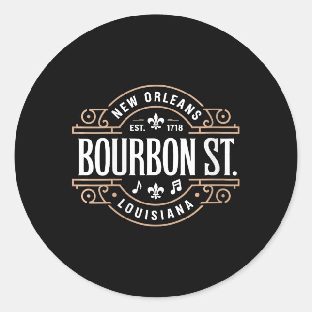 Womens Bourbon Street New Orleans Music Est 1718 V Classic Round Sticker (Front)