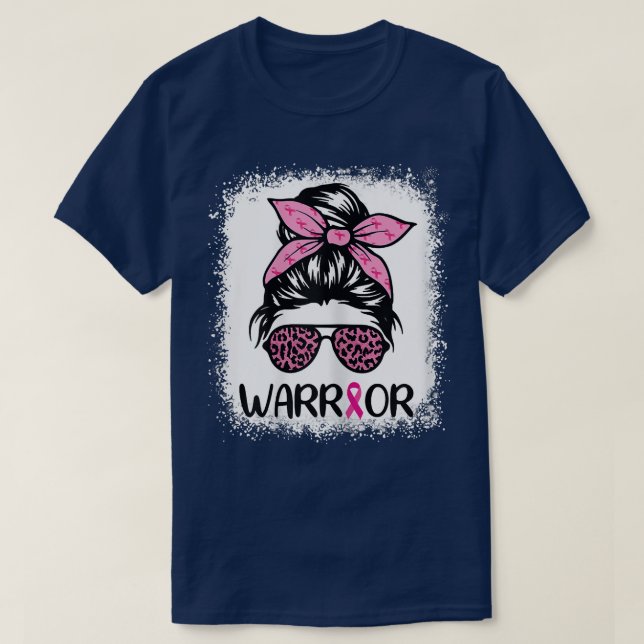 Womens Breast Cancer Warrior Messy Bun Leopard Ble T-Shirt (Design Front)