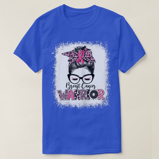 Womens Breast Cancer Warrior Messy Bun Leopard Ble T-Shirt (Design Front)