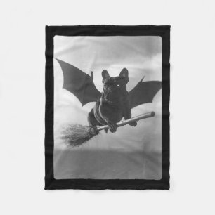 Womens British Bulldog Witch Broom Bat Wings Fleece Blanket