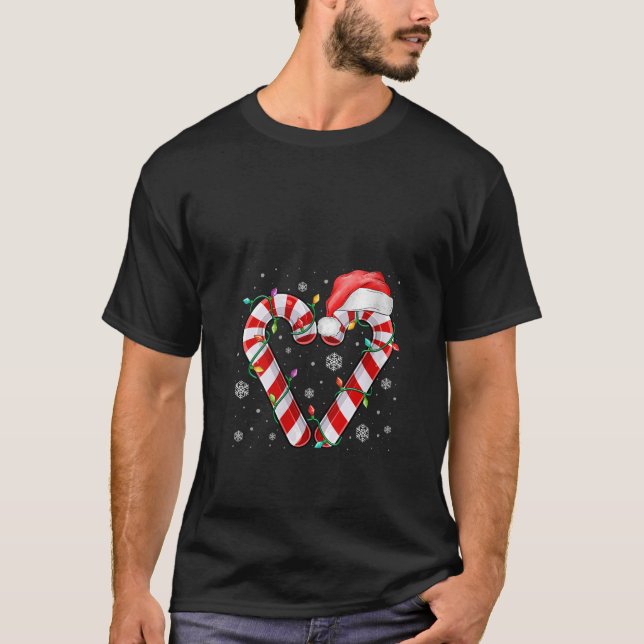 Womens Candy Cane Heart Christmas Lights Santa Hat T-Shirt (Front)