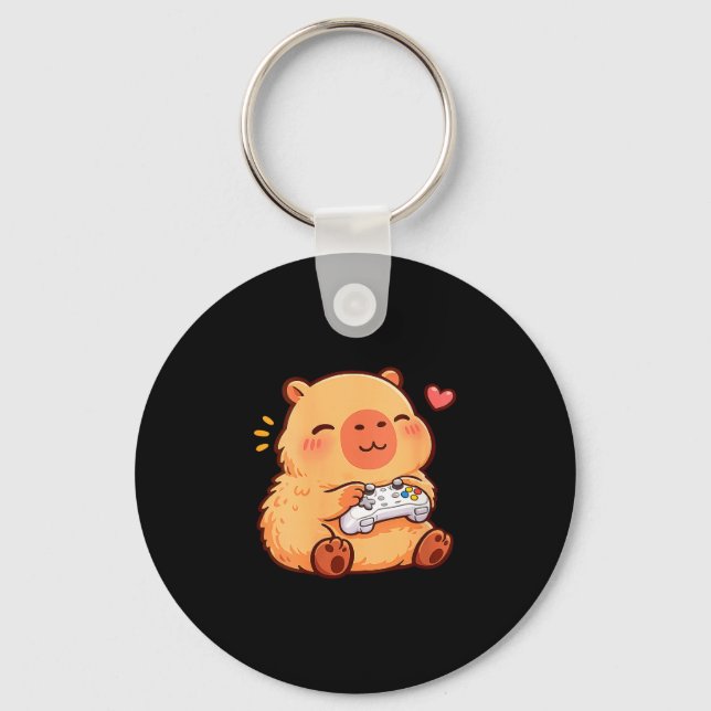 Women's capybara kawaii anime playing video games key ring (Front)