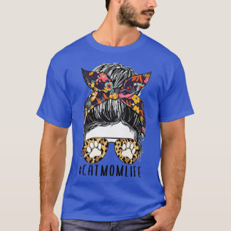 Womens Cat Mum Life Messy Bun Print Funny Cat Love T-Shirt