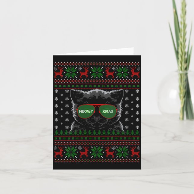 Womens Cat Ugly Christmas Sweater Style Funny Cat  Card (Front)