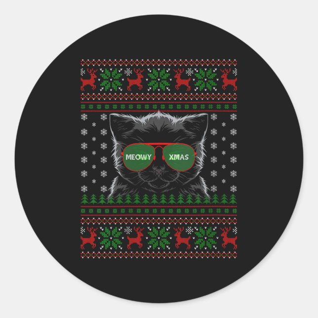Womens Cat Ugly Christmas Sweater Style Funny Cat  Classic Round Sticker (Front)