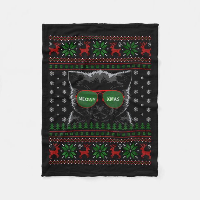 Womens Cat Ugly Christmas Sweater Style Funny Cat  Fleece Blanket (Front)