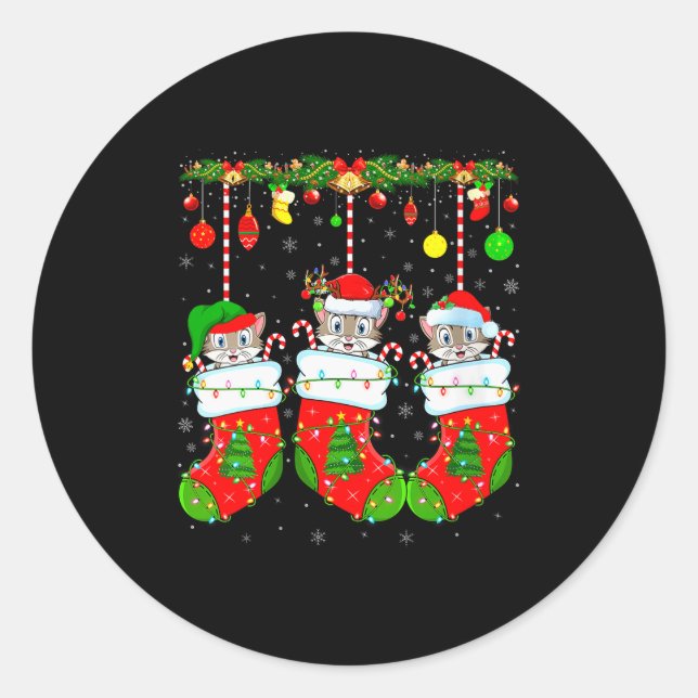 Womens Cats In Christmas Socks Funny Pet Animal Ca Classic Round Sticker (Front)