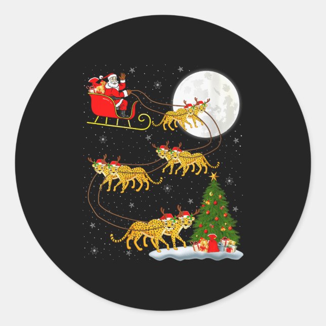 Womens Cheetah Santa Sleigh Flying Funny Magical C Classic Round Sticker (Front)