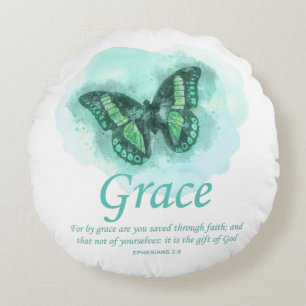 Womens Christian Bible Butterfly Verse: Grace Round Cushion