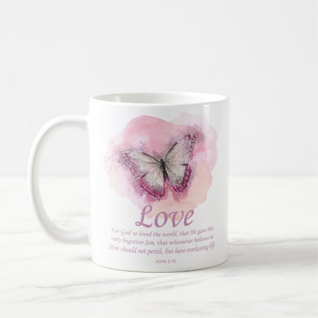 Women's Christian Bible Verse Butterfly: Love Coffee Mug (Left)