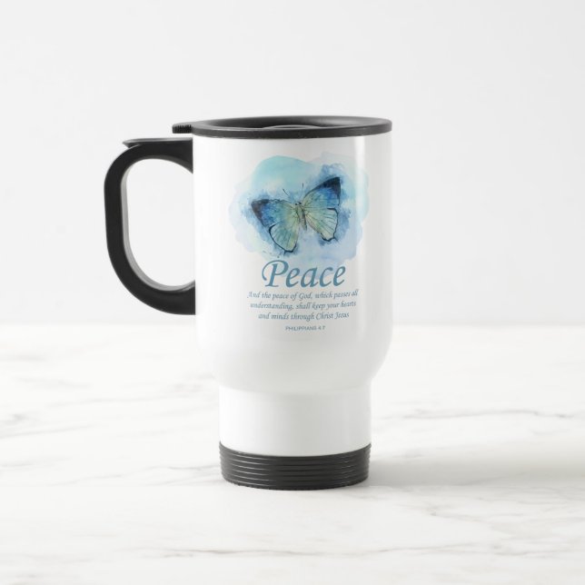 Women's Christian Bible Verse Butterfly: Peace Travel Mug (Left)