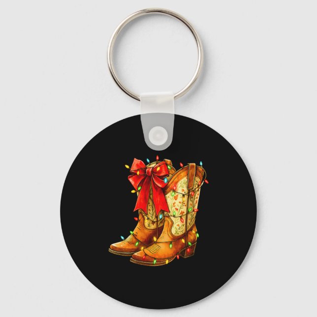 Womens Christmas Coquette Bow Cowgirl Boots Wester Key Ring (Front)