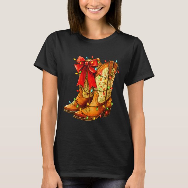Womens Christmas Coquette Bow Cowgirl Boots Wester T-Shirt (Front)