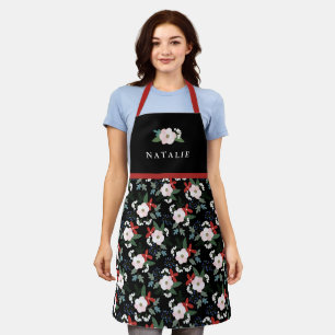 Womens Christmas Floral Pattern Name Black Apron