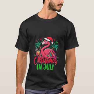 Womens Christmas In July Flamingo Santa Hat Tropic T-Shirt