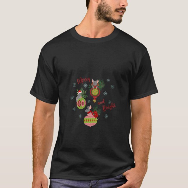 Womens Christmas Merry and Bright Mice and Ornamen T-Shirt (Front)