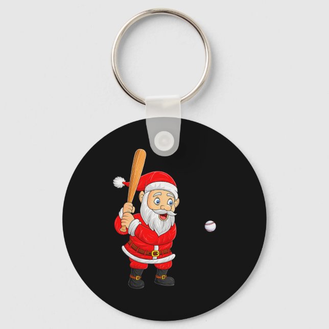 Womens Christmas Santa Playing Baseball Xmas Funny Key Ring (Front)