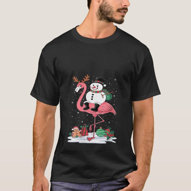 Womens Christmas Snowman Riding Flamingo Xmas Girl T-Shirt (Front)