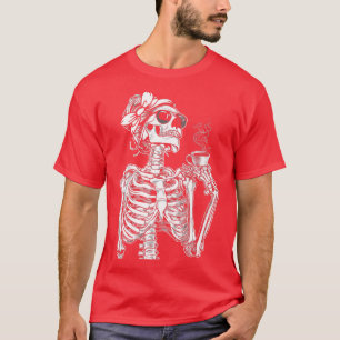 Womens Coffee Drinking Skeleton Lazy Halloween Cos T-Shirt