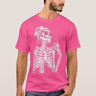 Womens Coffee Drinking Skeleton Lazy Halloween Cos T-Shirt