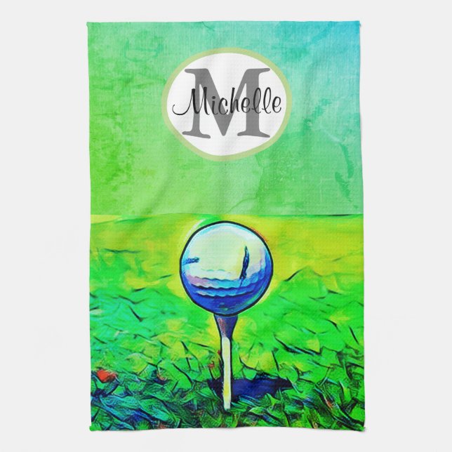Women's Colourful Monogram Name Golf Sports Green Tea Towel (Vertical)