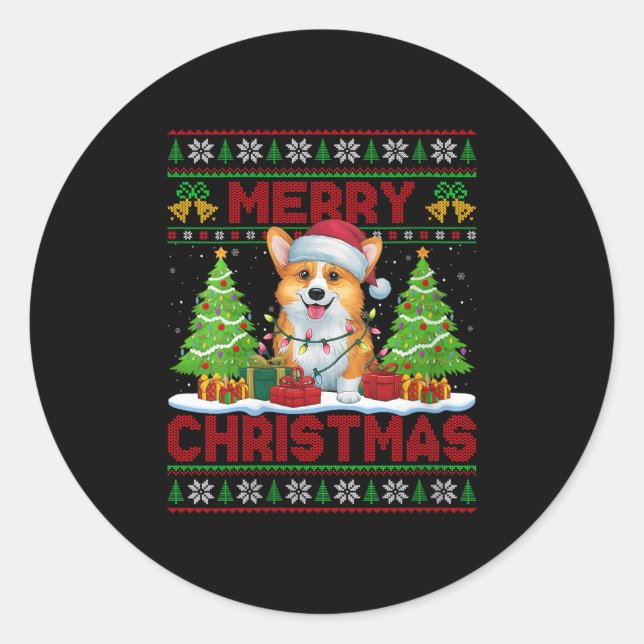 Womens Corgi Ugly Christmas Sweaters Funny Pet Dog Classic Round Sticker (Front)