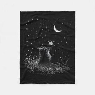 Womens Cottagecore Floral Butterfly Black Cat Fleece Blanket