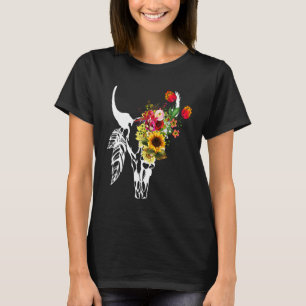Women's Cow Skull Boho Floral Rose Sunflower Graph T-Shirt
