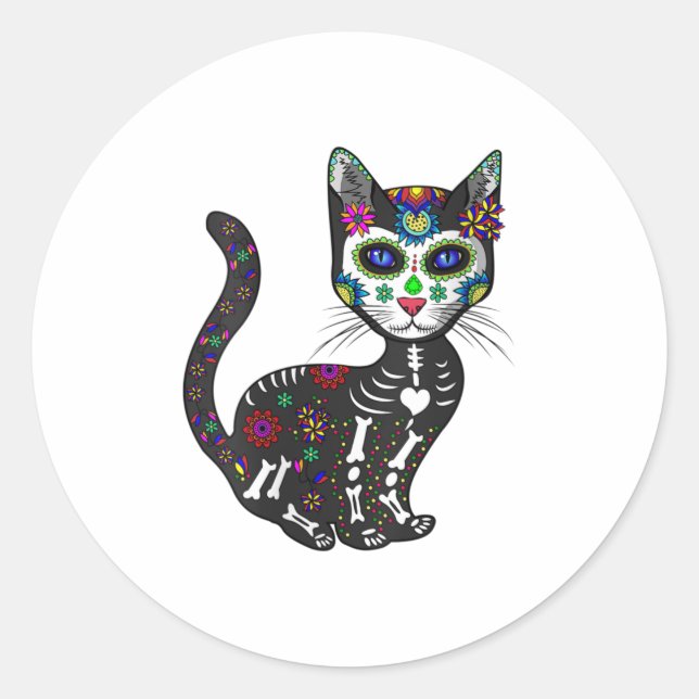 Womens Craneo De Gato Sugar Skull Cat Hallow Classic Round Sticker (Front)