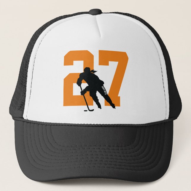 Women's Custom Hockey Player Number Orange Black Trucker Hat (Front)