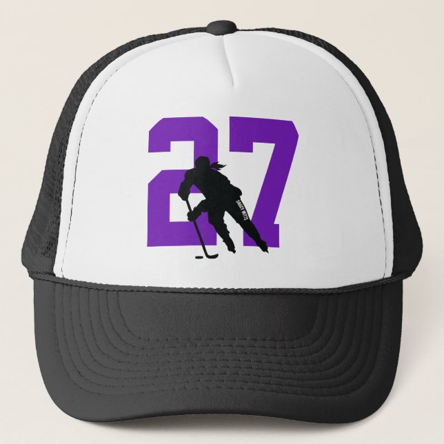 Women's Custom Hockey Player Number Purple Black Trucker Hat (Front)