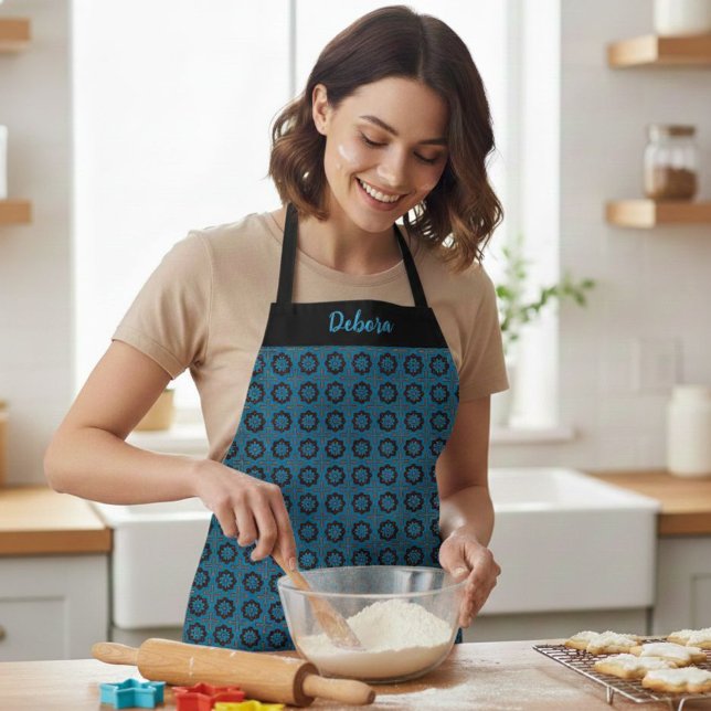 Women's Custom Name Blue Geometric Pattern Apron (Creator Uploaded)