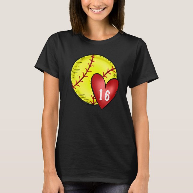 Womens Custom Softball Mom Number 16 Heart for Mom T-Shirt (Front)