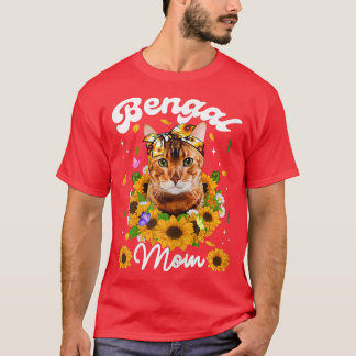 Womens Cute Bengal Cat Mom Sunflower Mothers Day  T-Shirt