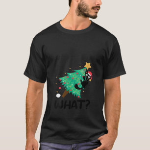 Womens Cute Black Cat Pushing Christmas Tree Funny T-Shirt