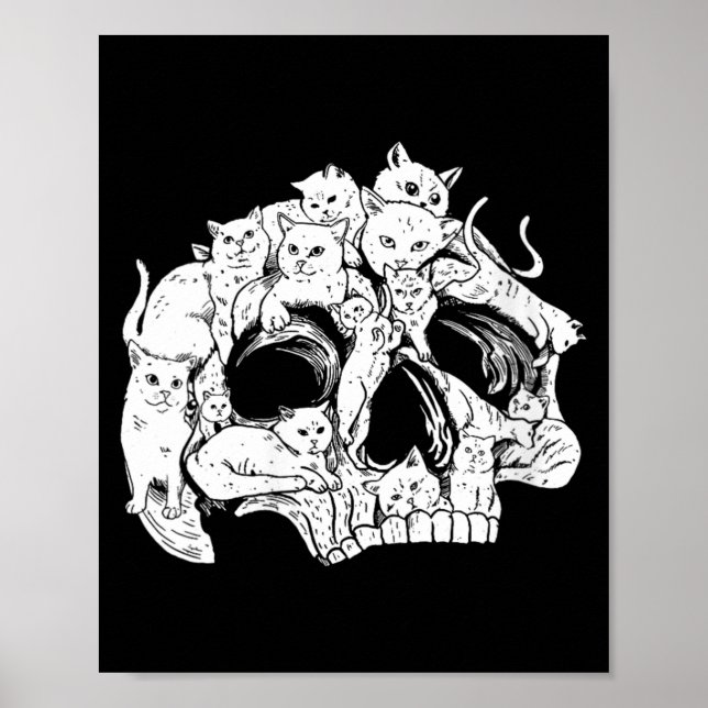 Womens Cute Black Cat Skull Kitty Skeleton Scary Poster (Front)