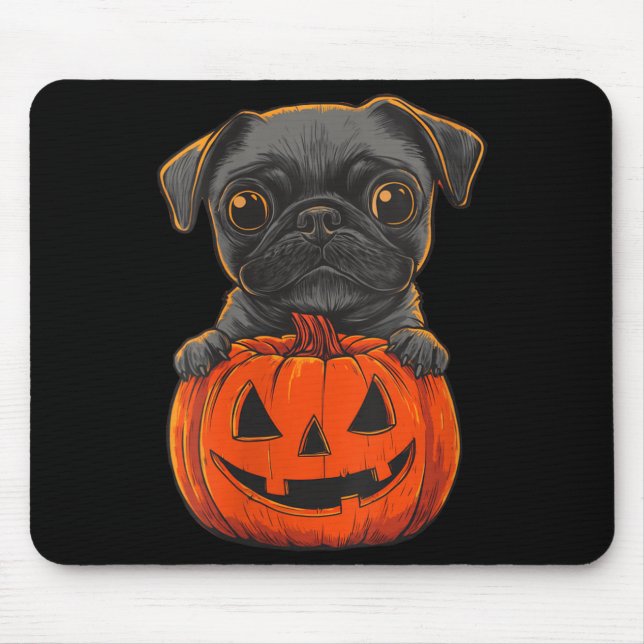 Womens Cute Black Pug Jack O Lantern Pumpkin Mouse Mat (Front)