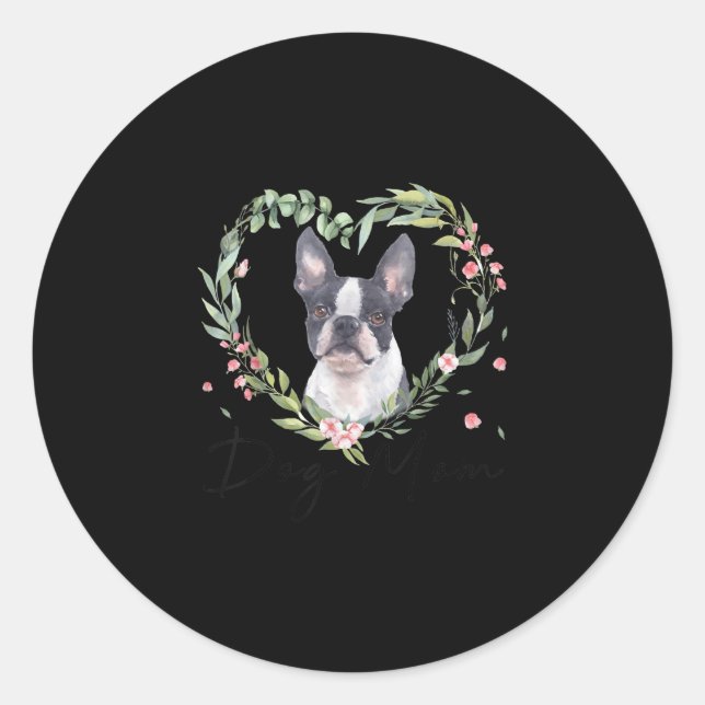 Womens Cute Boston Terrier Mum Flower Dog Lover Classic Round Sticker (Front)
