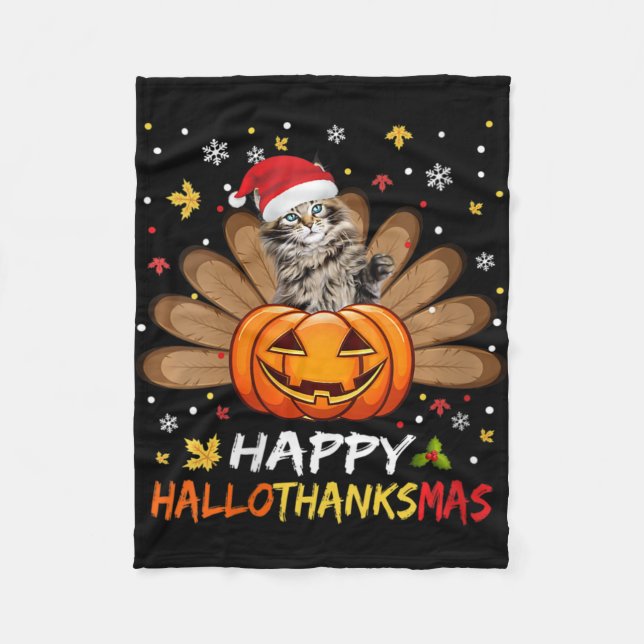 Womens Cute Cat Happy Hallothanksmas Halloween Tha Fleece Blanket (Front)