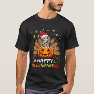 Womens Cute Cat Happy Hallothanksmas Halloween Tha T-Shirt