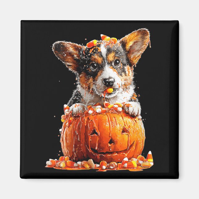 Womens Cute Corgi Dripping Pumpkin Candy Corn Magnet (Front)
