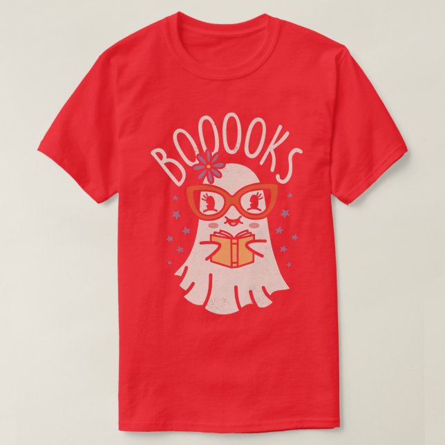 Womens Cute Ghost Book Reading Halloween Teacher P T-Shirt (Design Front)
