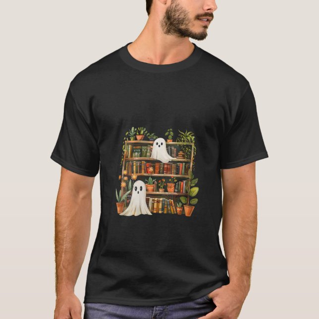 Womens Cute Librarian Spooky Ghost Bookshelves Pla T-Shirt (Front)