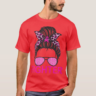 Womens Cute Messy Bun Fighter Leopard Pink Breast  T-Shirt