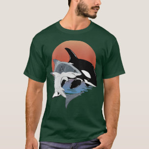 Womens Cute Orca Whale and Shark on sunset VNeck  T-Shirt