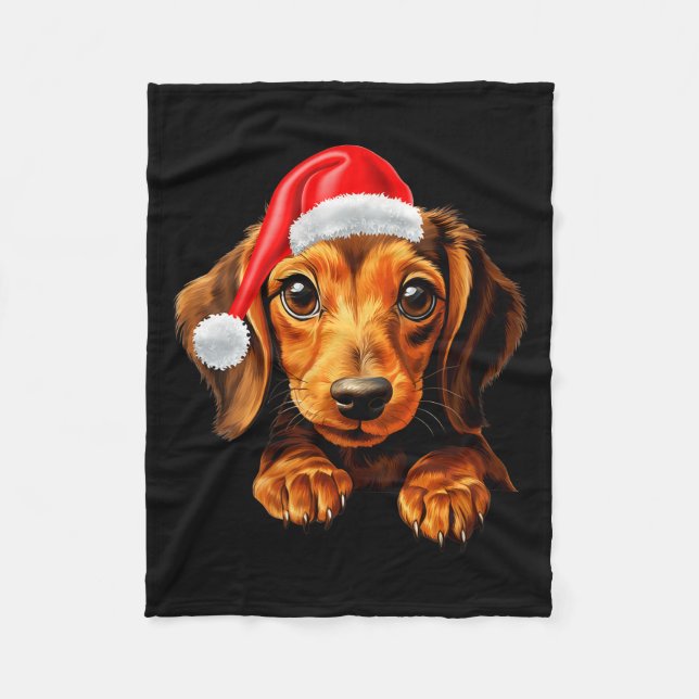 Womens Dachshund Dog Santa Claus Hat Christmas New Fleece Blanket (Front)