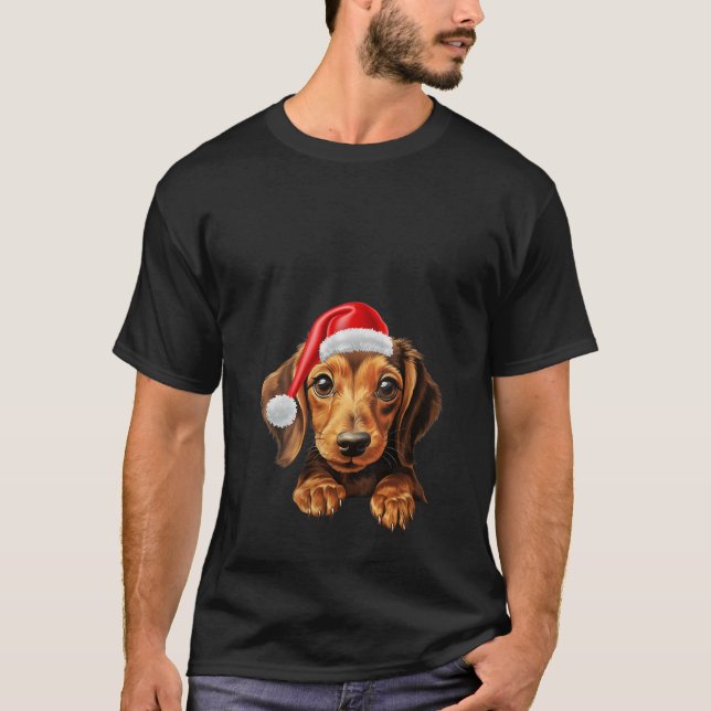 Womens Dachshund Dog Santa Claus Hat Christmas New T-Shirt (Front)