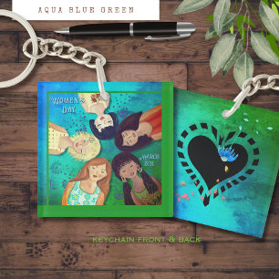 Women's Day  Woman Portraits Aqua Square Key Ring