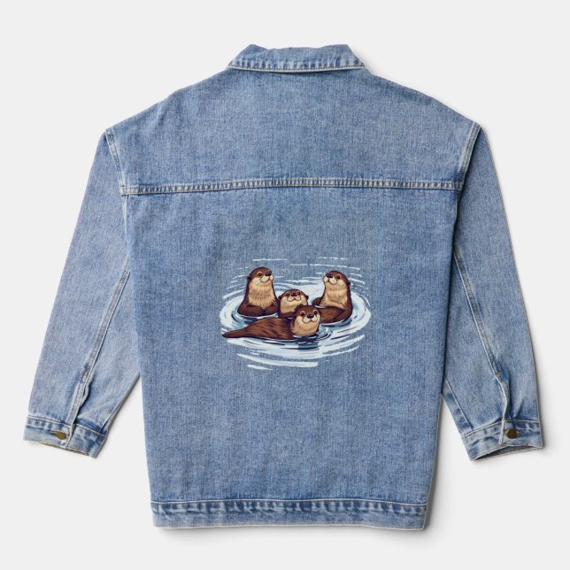Women's Denim Jacket Playful Otters SwimmingDesign (Back)
